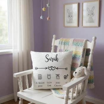 Babykissen - Kissenbezug 40x40 cm weiß - personalisiert - Kissenhülle - Geschenkidee zur Geburt - Kissen mit Namen und Geburtsdaten - Artikel Nr. 1100091